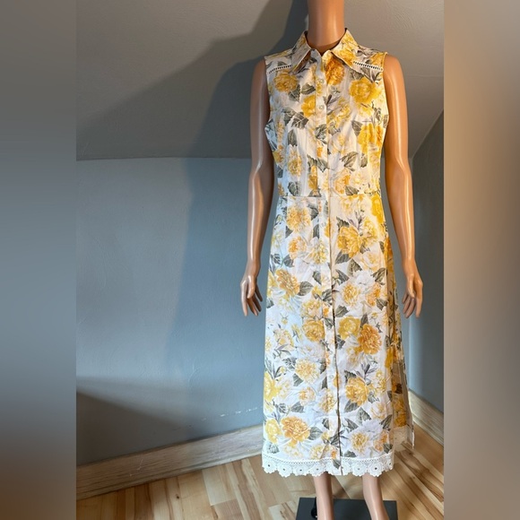 Rachel Parcell Sleeveless Floral Shirt Dress Yellow White Midi Lace Hem Size 8 - Picture 4 of 5